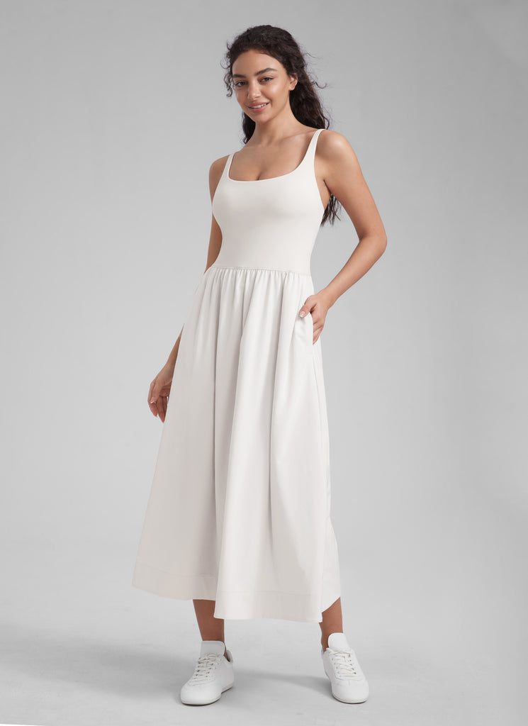 CRZ YOGA Women's Square Neck Pocket Sleeveless Maxi Padded Dress Milky White