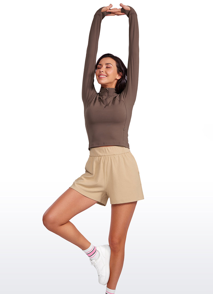 CRZ YOGA Women's Ribbed High Waisted Sweat Shorts 3'' Tan Milkshake