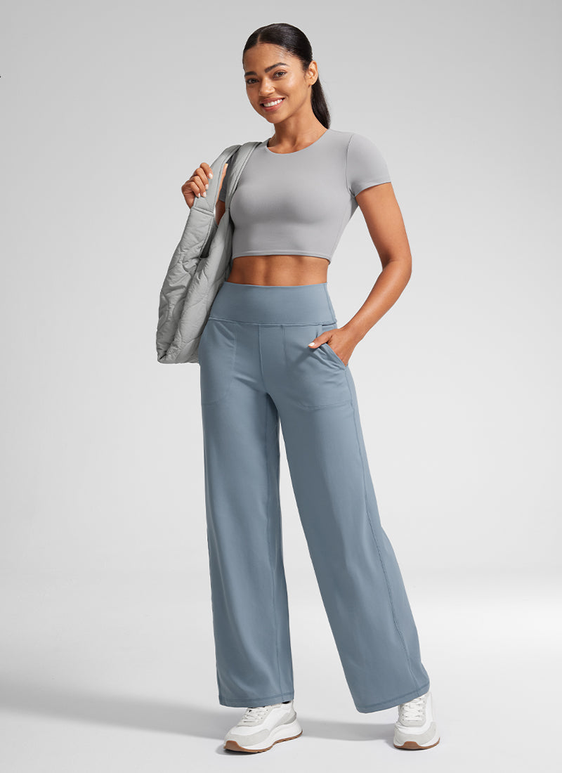 CRZ YOGA Women's Butterlift High Waisted Wide Leg Pants with Pockets Belgian Blue