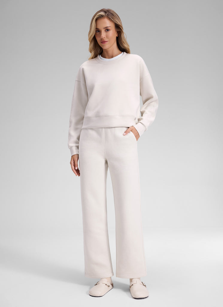 CRZ YOGA Women's Cotton Fleece Lined Casual Straight Leg Pant 28'' Milky White