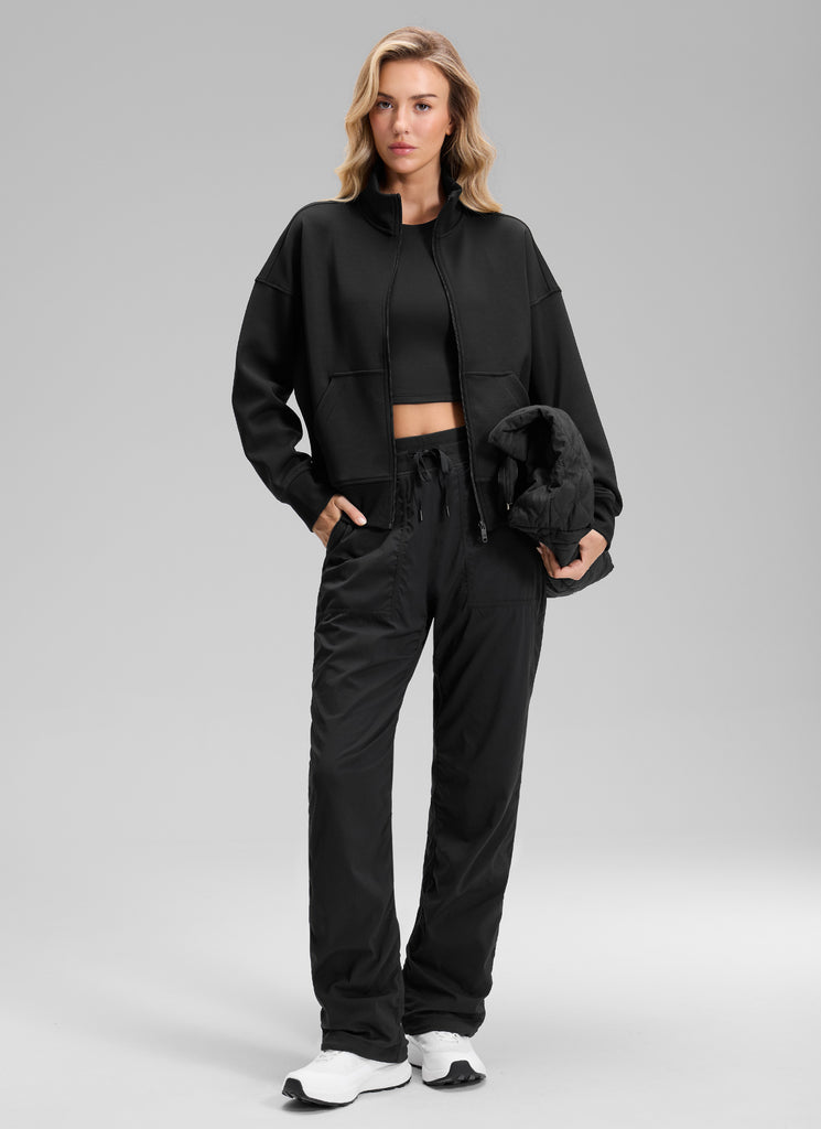 CRZ YOGA Women's Casual Mid Rise Drawstring Pocket Straight Leg Pant Black