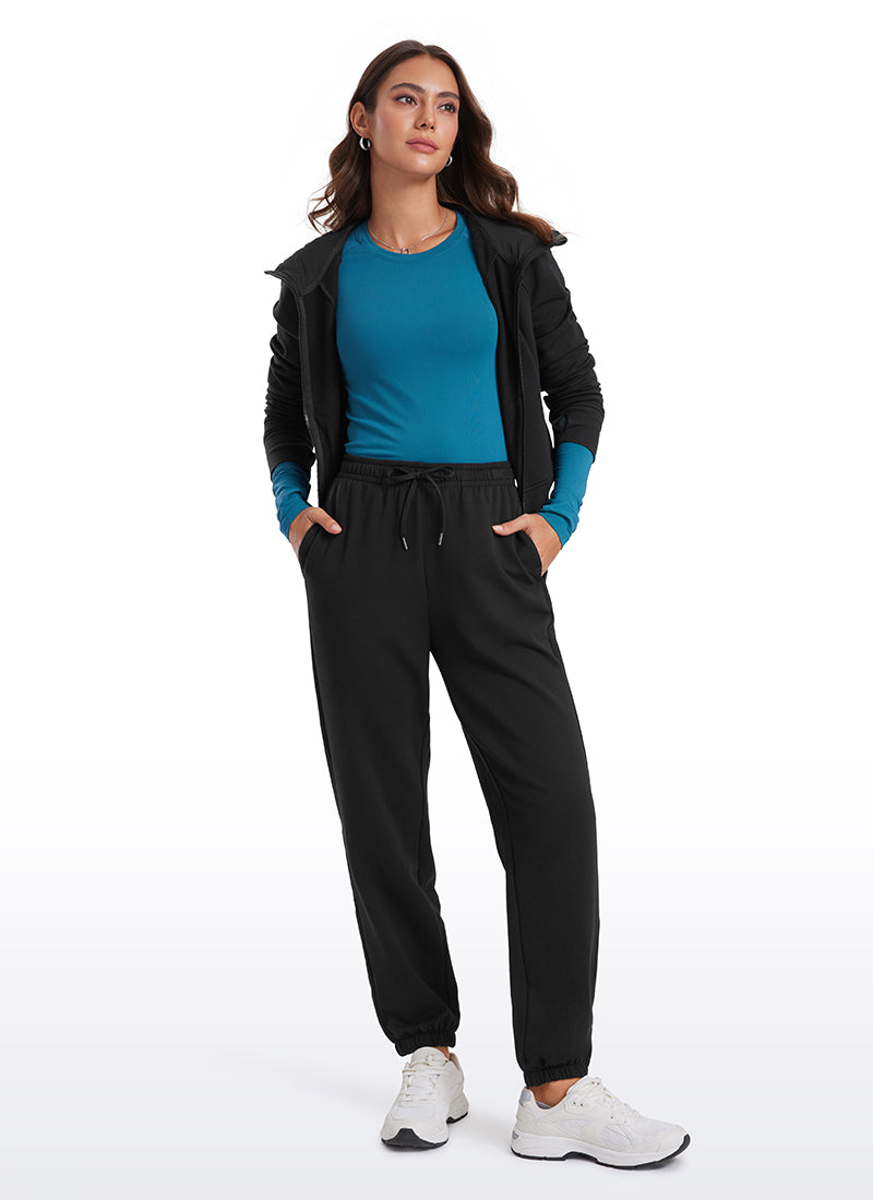 CRZ YOGA Fleece Sweatpants Women Cotton Pockets High Waisted Joggers Black