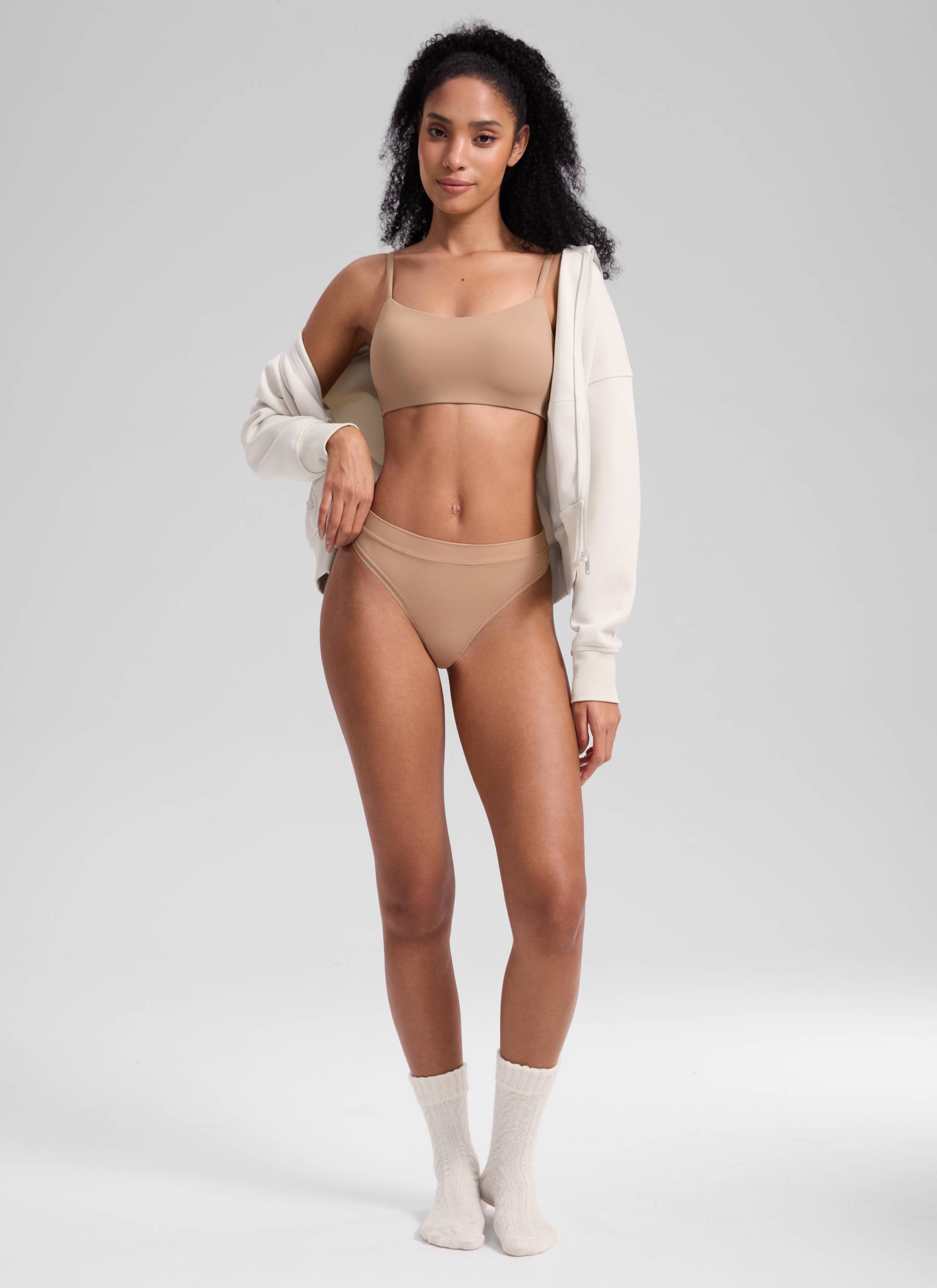 CRZ YOGA Women Softhold High Rise Thongs Ladies Underwear 3 Pack Warm Beige 3pack