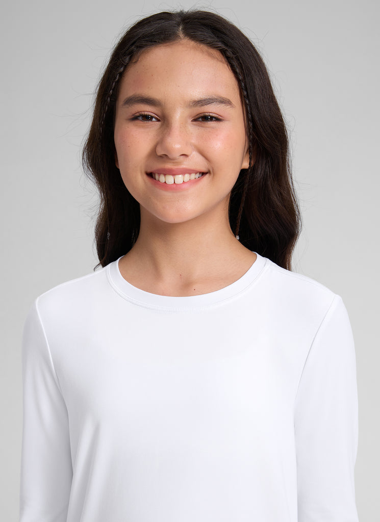 CRZ YOGA Girl's Cloudweight Casual Scoop Neck Hip Length Long Sleeves White