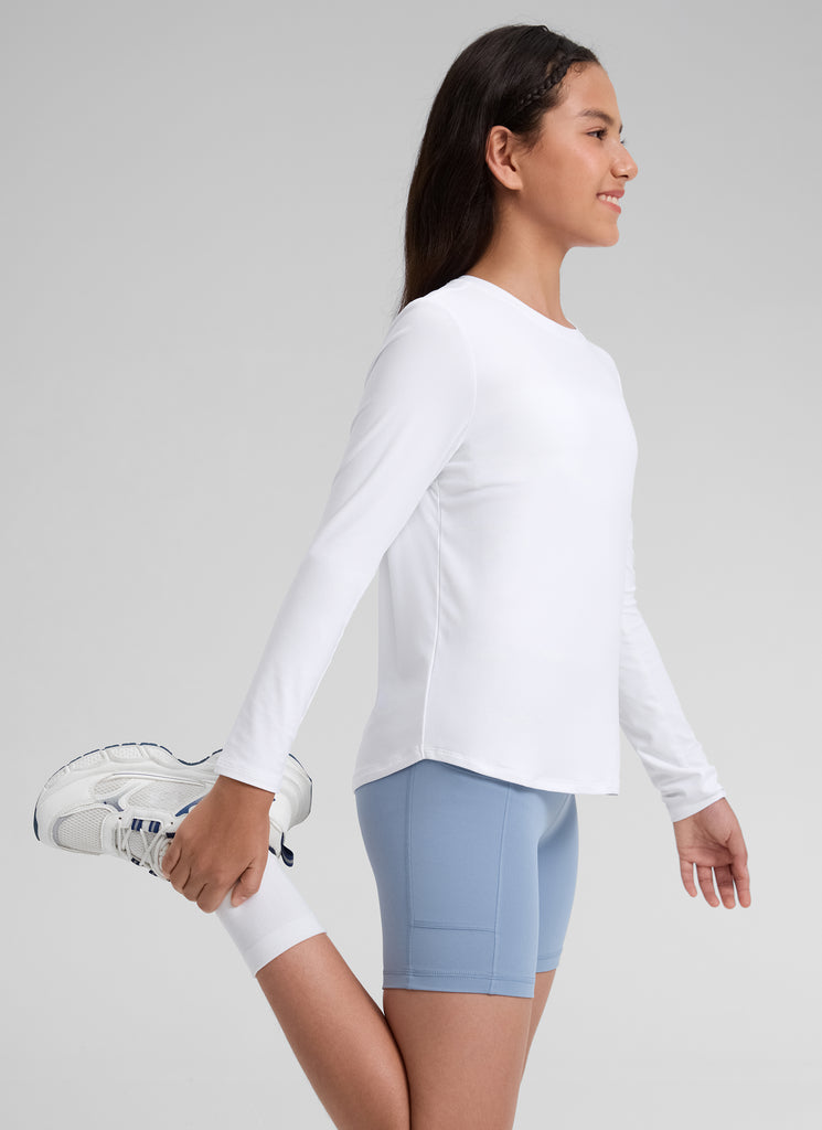 CRZ YOGA Girl's Cloudweight Casual Scoop Neck Hip Length Long Sleeves White