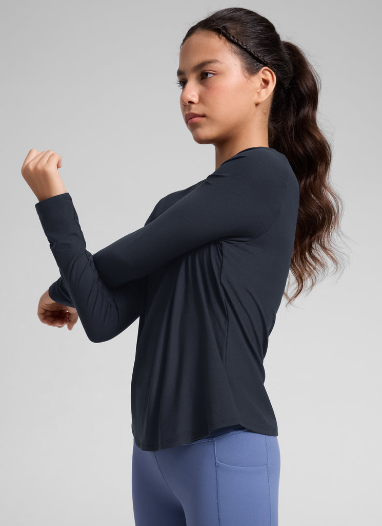 CRZ YOGA Girl's Cloudweight Casual Scoop Neck Hip Length Long Sleeves True Navy