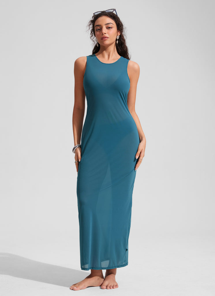 CRZ YOGA Women Mesh Midi Sleeveless Swimsuit Coverup with Back Slit Black