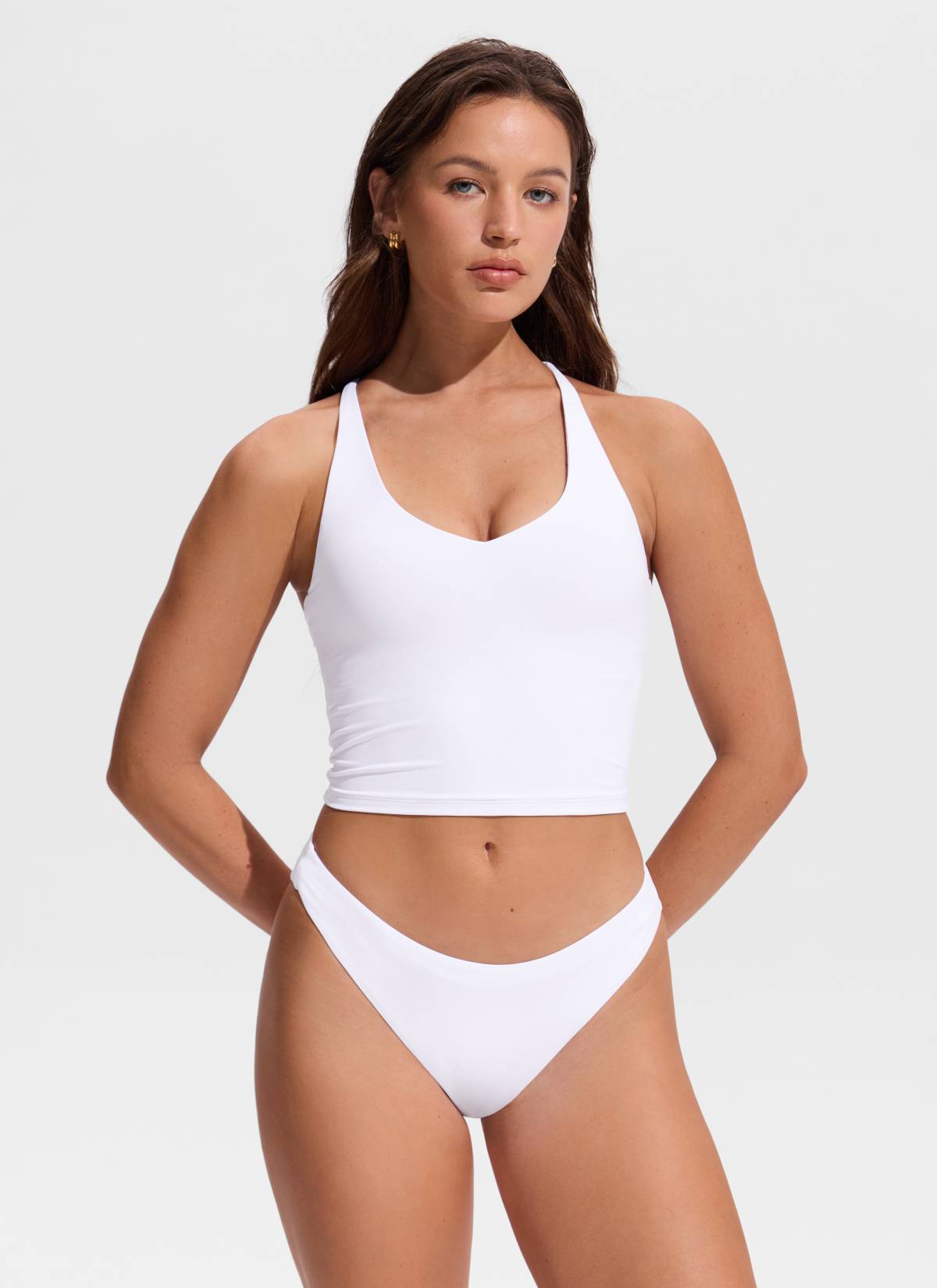 CRZ YOGA Women's Swimwear V Neck Criss Cross Back Crop Tankini White