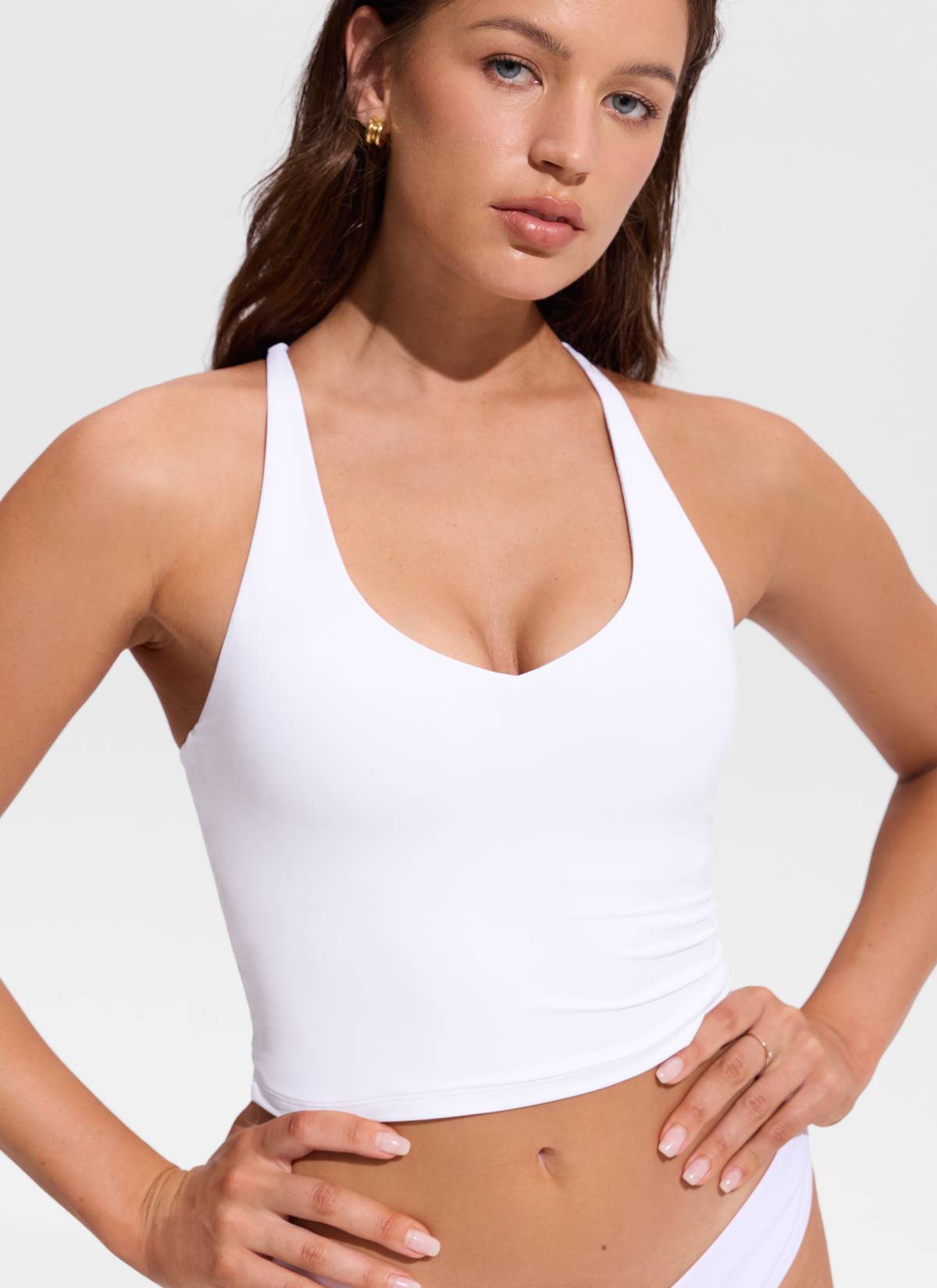 CRZ YOGA Women's Swimwear V Neck Criss Cross Back Crop Tankini White