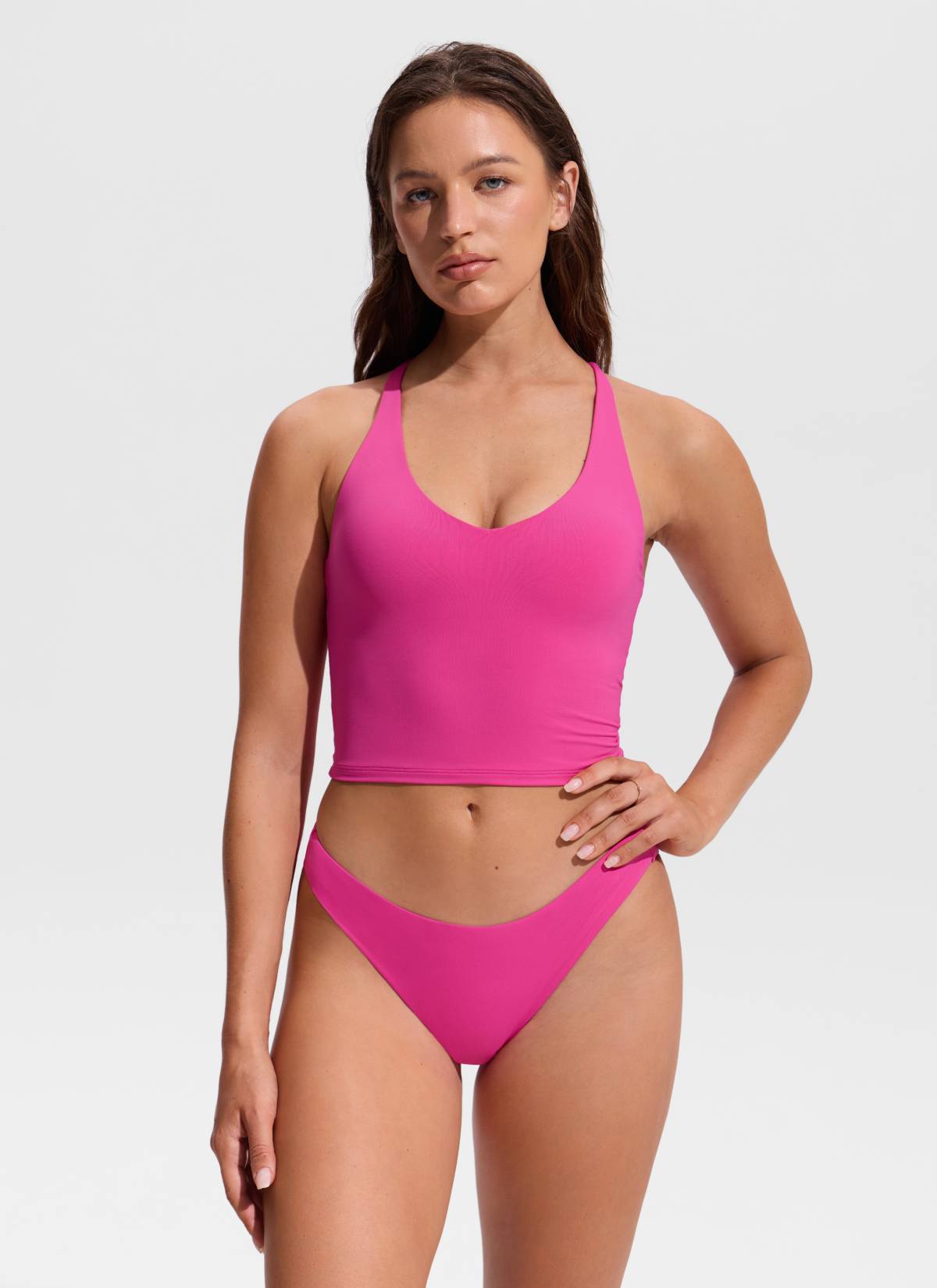 CRZ YOGA Women's Swimwear V Neck Criss Cross Back Crop Tankini Rose Violet