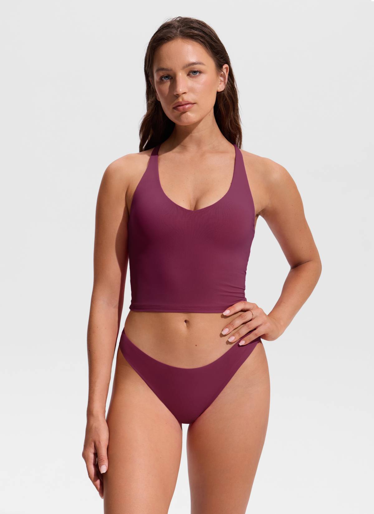 CRZ YOGA Women's Swimwear V Neck Criss Cross Back Crop Tankini Fuchsia @model_info:Hannah