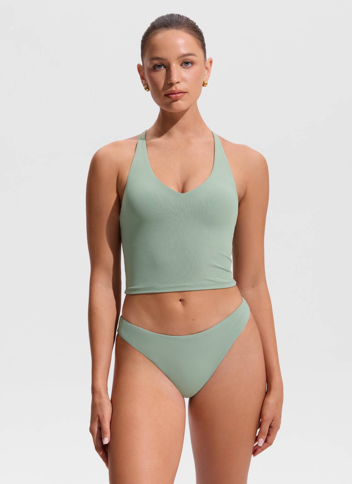 CRZ YOGA Women's Swimwear V Neck Criss Cross Back Crop Tankini Green Palm Court