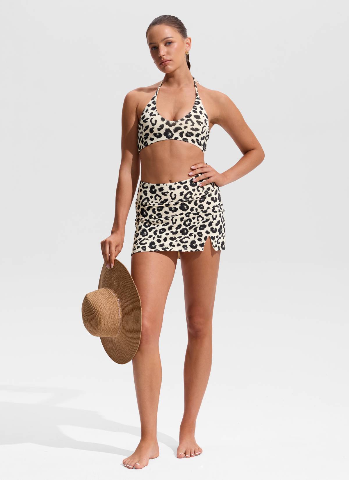 CRZ YOGA Women's Swimwear U Neck Open Back Self Tie Halter Bikini Tops Primulin Leopard Print