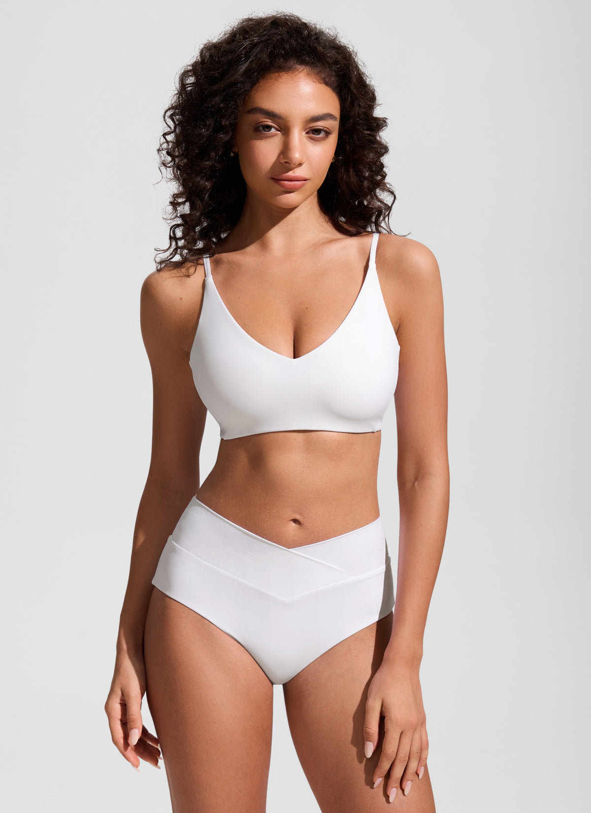 CRZ YOGA Women's Nexfeel Double Lined V Neck Non Padded Bikini Tops White @model_info:A