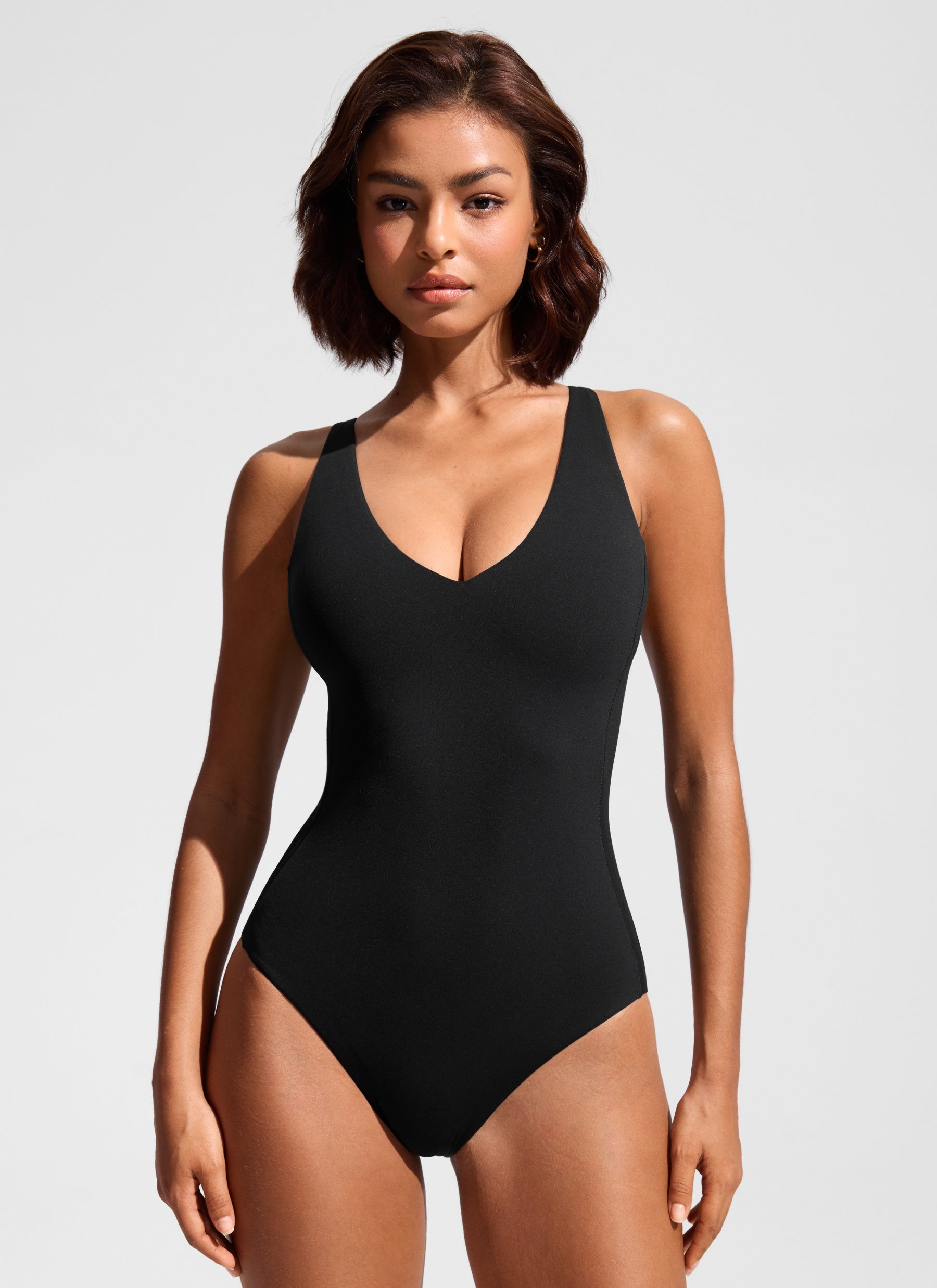 CRZ YOGA Women Nexfeel Double Lined Deep V One Piece Swimsuit Black @model_info:T