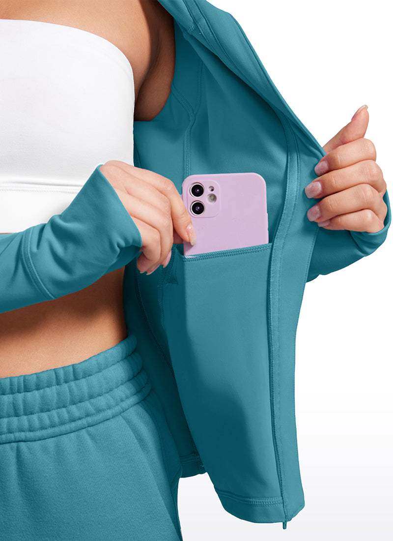 CRZ YOGA Women's Butterluxe Slim Fit Pocket Outerwear Full Zip Hoodies Borealis Green