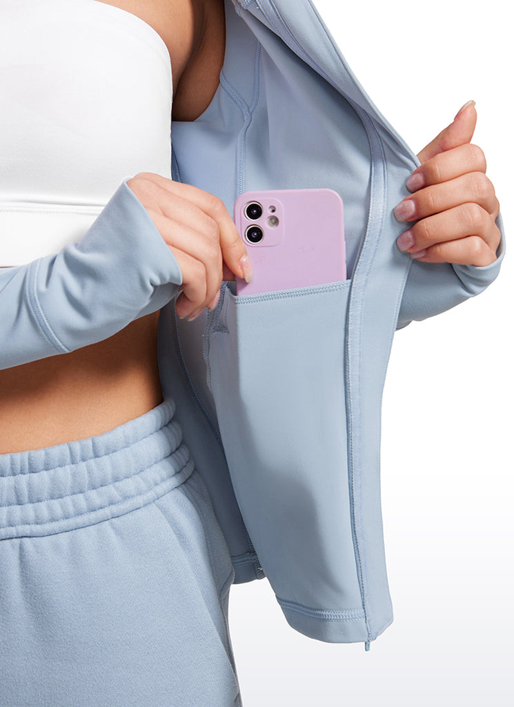 CRZ YOGA Women's Butterluxe Slim Fit Pocket Outerwear Full Zip Hoodies Cambric Blue