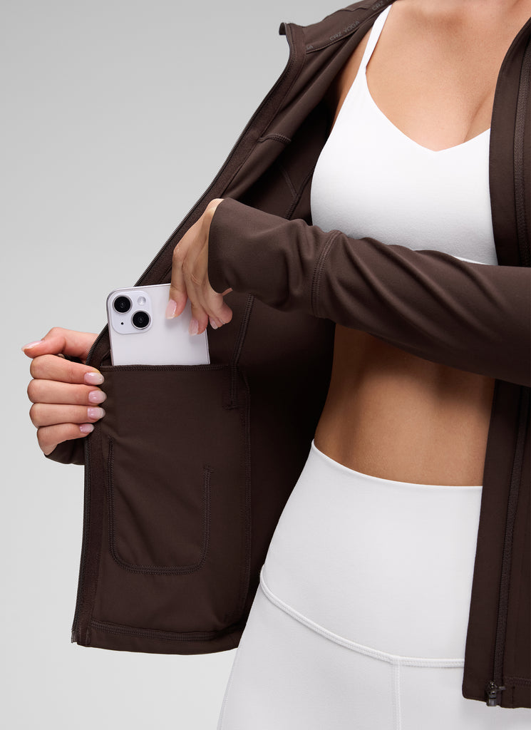 CRZ YOGA Women's Butterluxe Slim Fit Pocket Outerwear Full Zip Hoodies Hot Fudge Brown