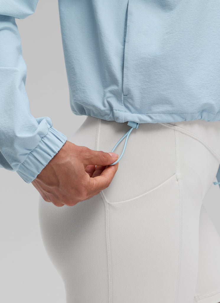 CRZ YOGA Women's Casual Half-Zip Waist Length Pocket Long Sleeves Blue Linen