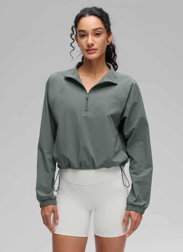 CRZ YOGA Women's Casual Half-Zip Waist Length Pocket Long Sleeves Milky White