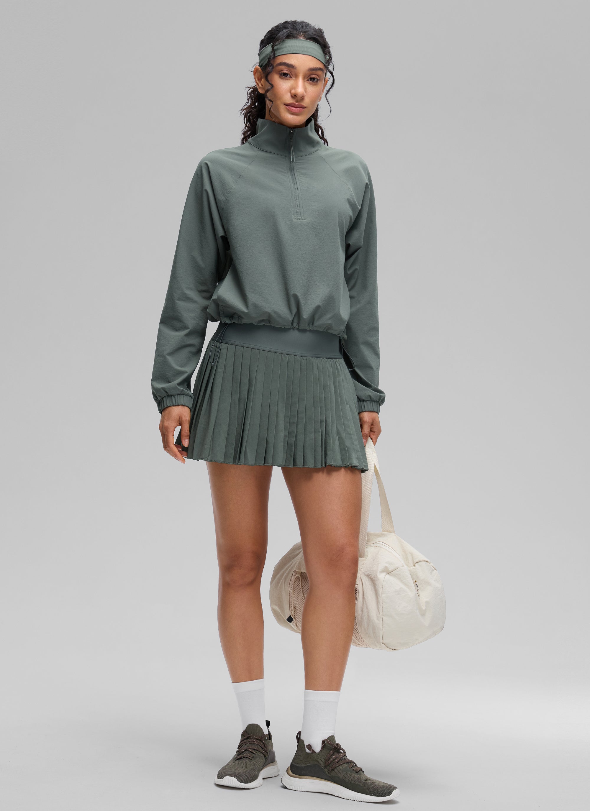 CRZ YOGA Women's Casual Half-Zip Waist Length Pocket Long Sleeves Milky White