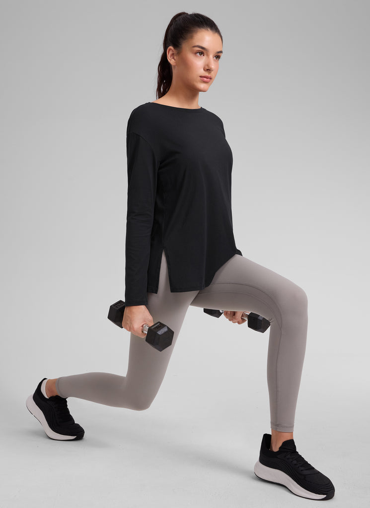 CRZ YOGA Women's Workout Boat Neck Hip Length Relaxed Fit Long Sleeves Grey Sage