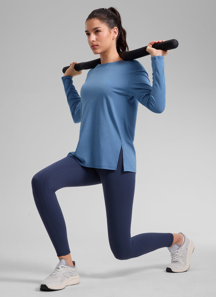 CRZ YOGA Women's Workout Boat Neck Hip Length Relaxed Fit Long Sleeves True Navy