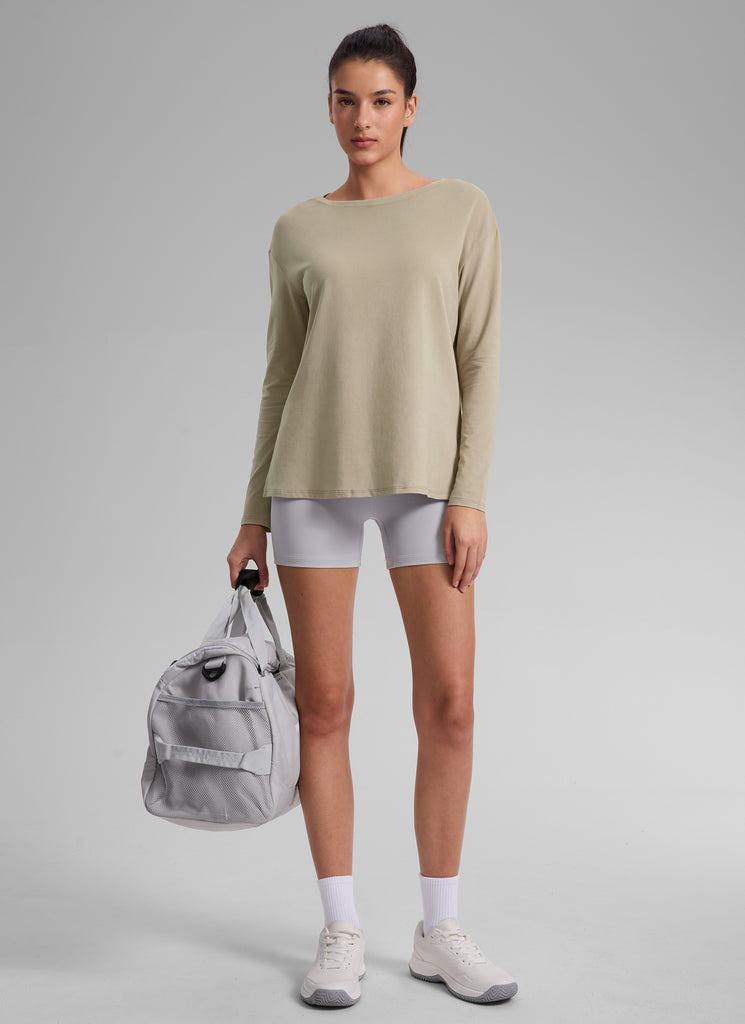 CRZ YOGA Women's Workout Boat Neck Hip Length Relaxed Fit Long Sleeves Washed Denim