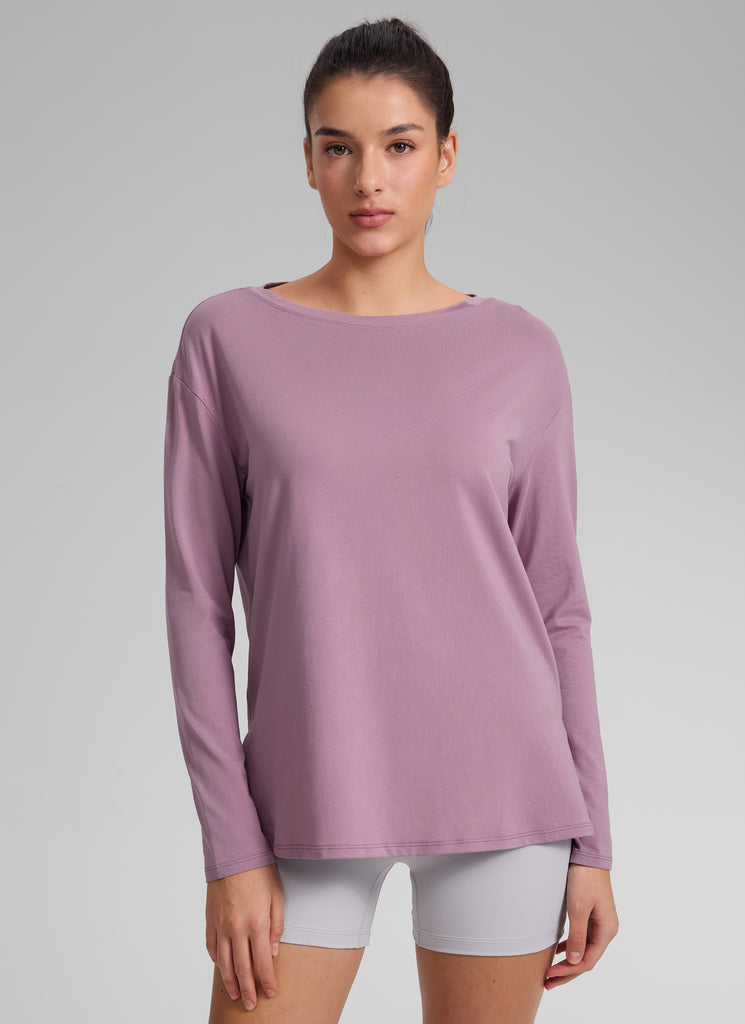 CRZ YOGA Women's Workout Boat Neck Hip Length Relaxed Fit Long Sleeves Light Lavender