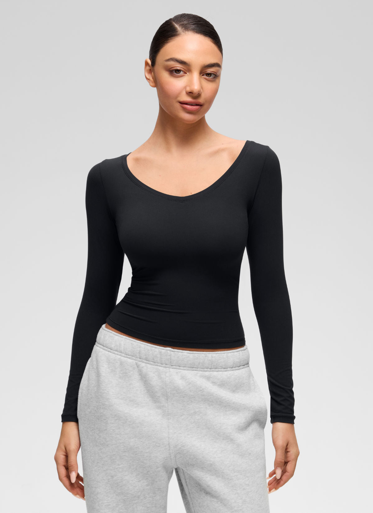 CRZ YOGA Women's Softembrace Casual V Neck Waist Length Long Sleeve Black