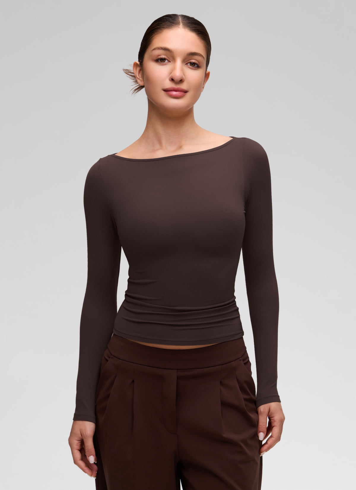 CRZ YOGA Women's Softembrace Casual Boat Neck Waist Length Long Sleeve Hot Fudge Brown