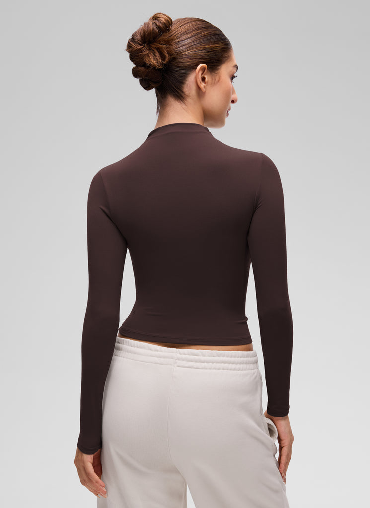 CRZ YOGA Women's Softembrace Mock Neck Waist Length Long Sleeves Hot Fudge Brown