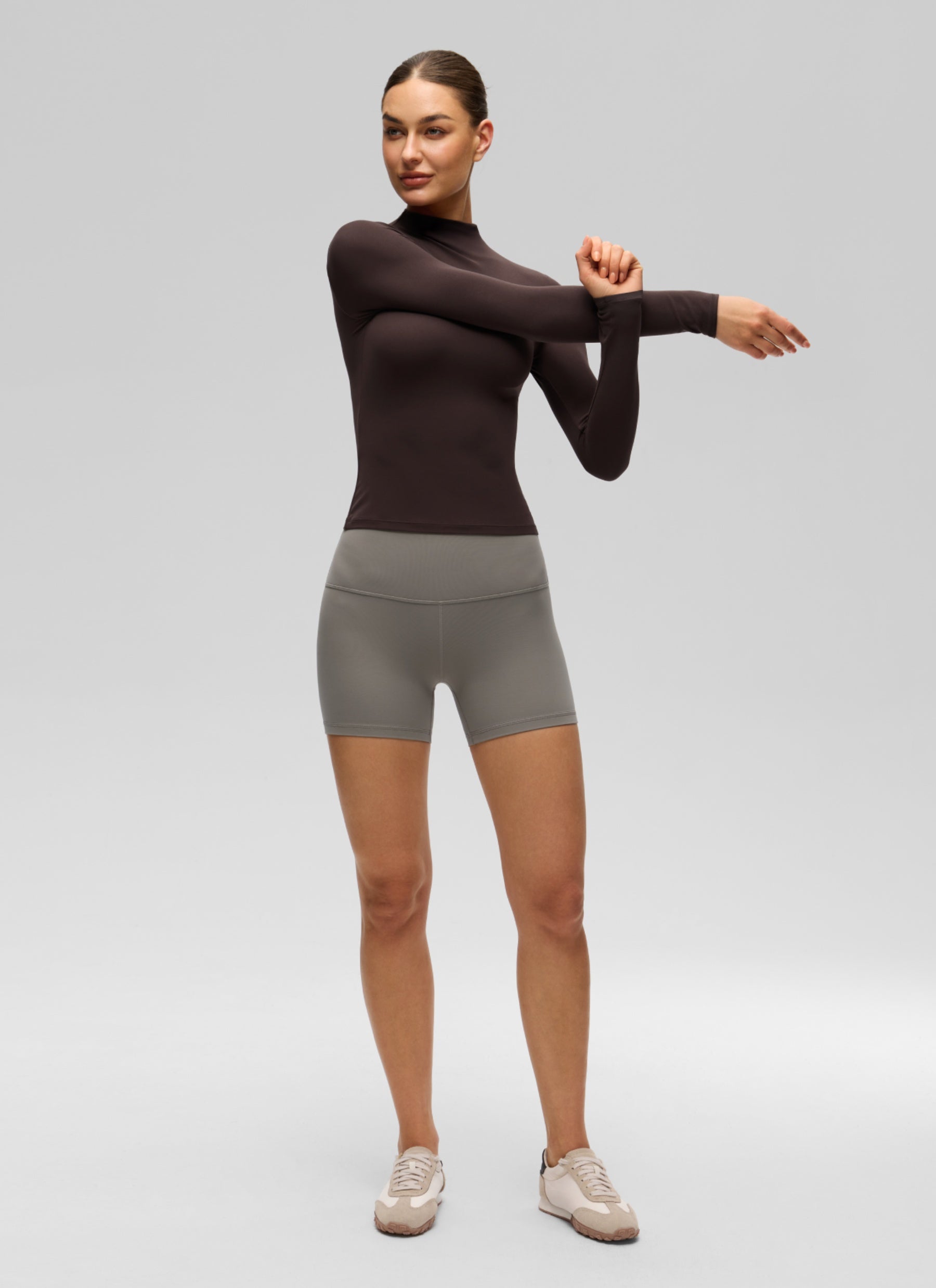 CRZ YOGA Women's Softembrace Mock Neck Waist Length Long Sleeves Hot Fudge Brown