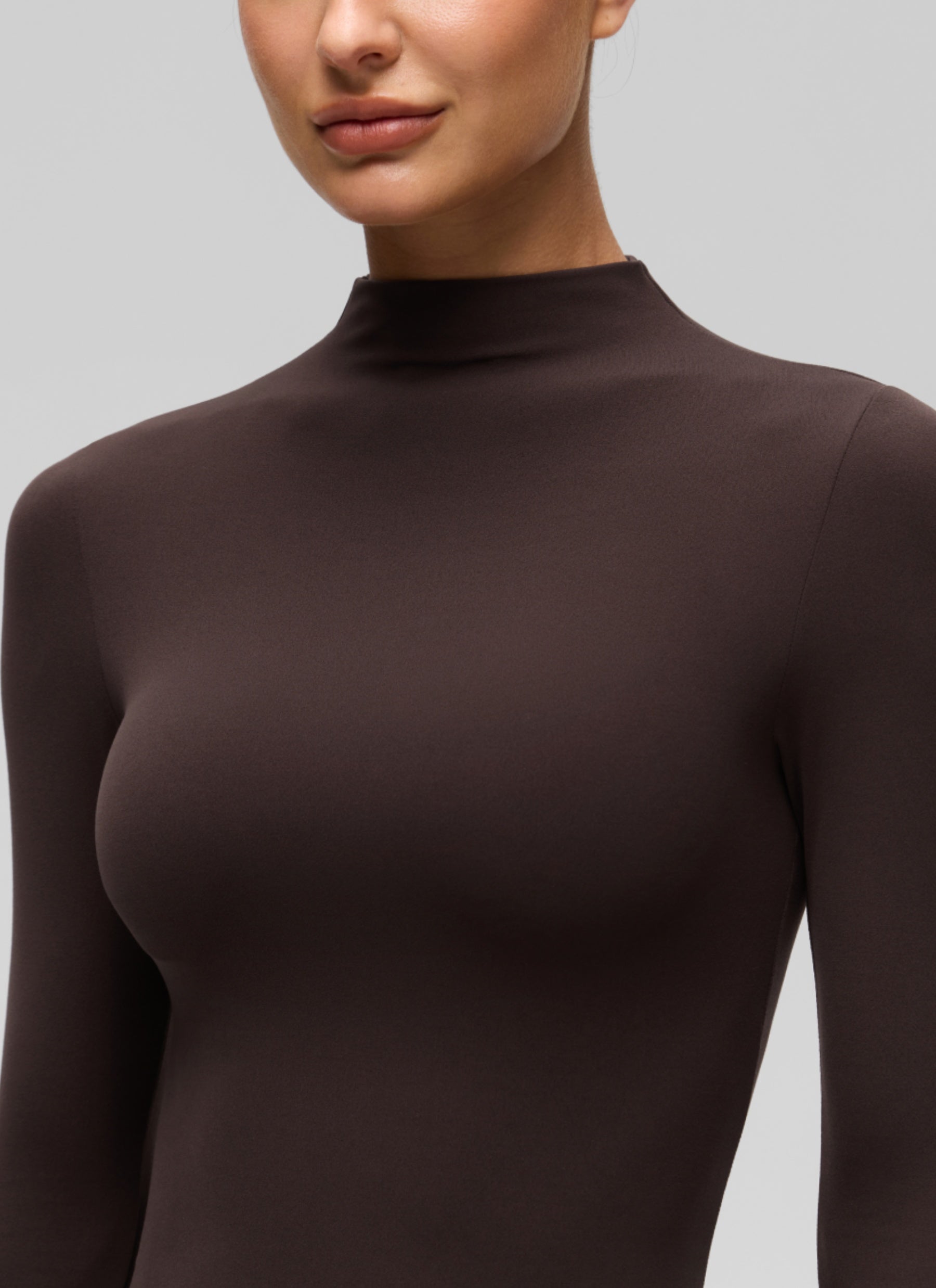 CRZ YOGA Women's Softembrace Mock Neck Waist Length Long Sleeves Hot Fudge Brown