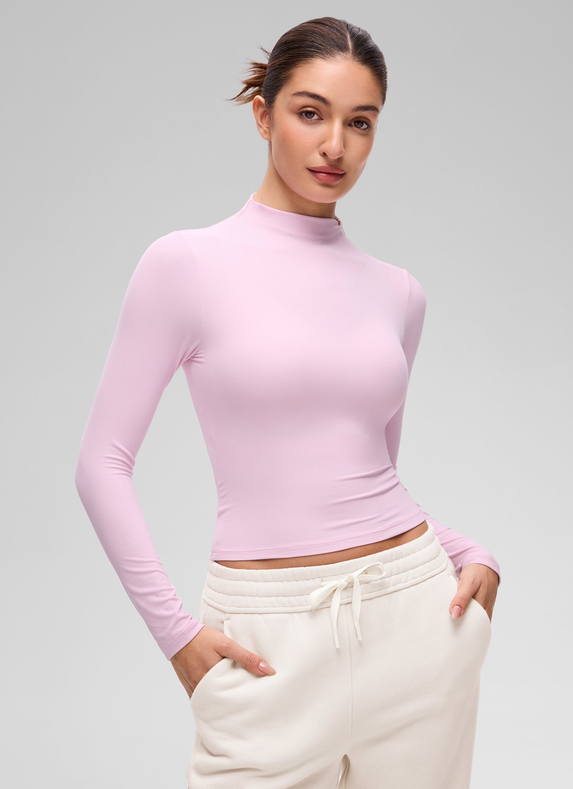 CRZ YOGA Women's Softembrace Mock Neck Waist Length Long Sleeves Pink Peony