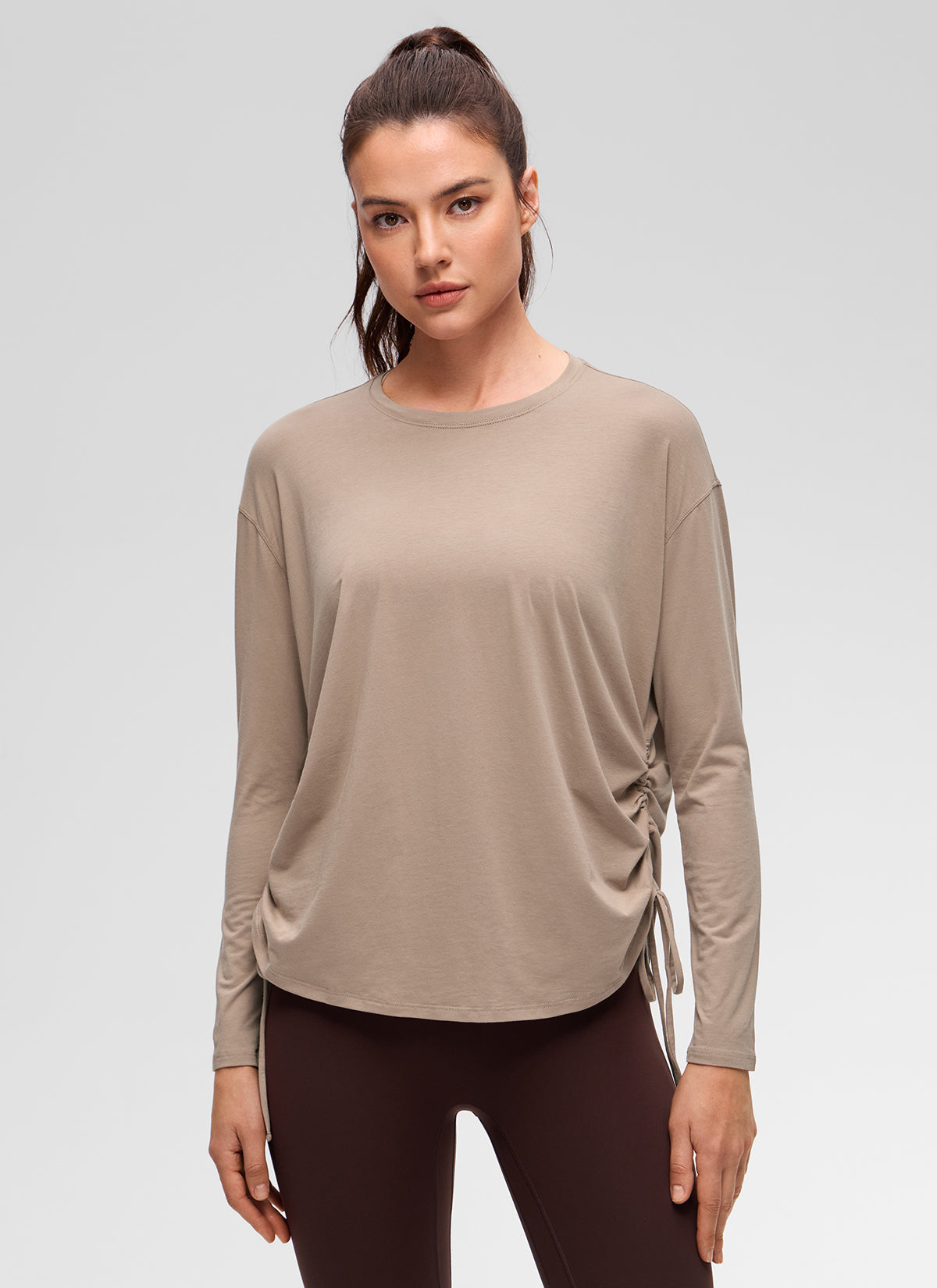 CRZ YOGA Women's Pima Cotton Casual Scoop Neck Ruched Long Sleeve Mortar color