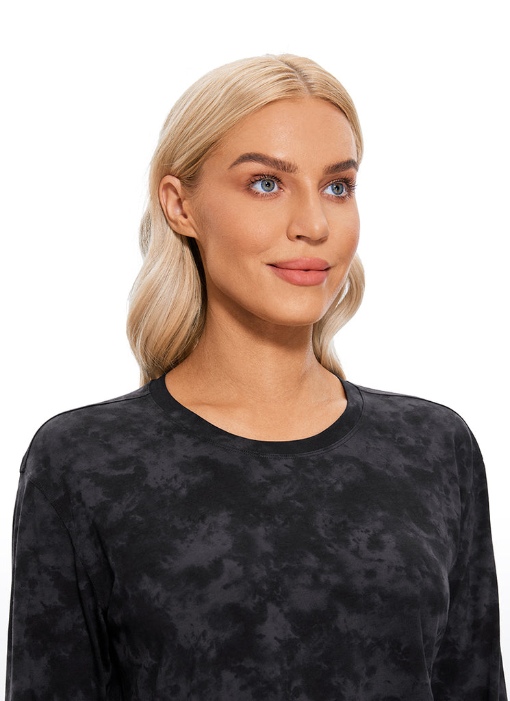 CRZ YOGA Women's Yoga Loose Fit Tops Pima Cotton Cropped Long Sleeve Tie Dye Smoke Ink