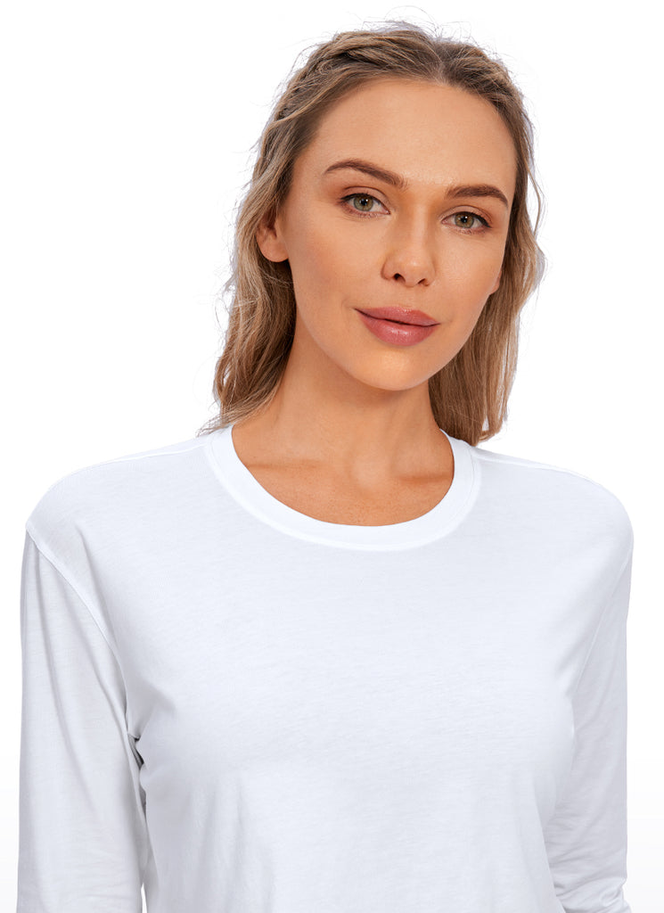 CRZ YOGA Women's Yoga Loose Fit Tops Pima Cotton Cropped Long Sleeve White