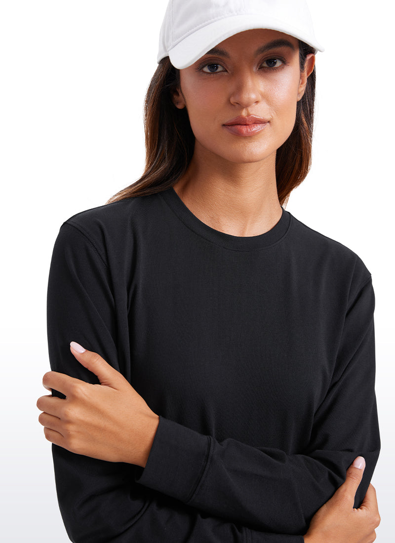 CRZ YOGA Women's Pima Cotton Long Sleeve Shirts Crew Neck Casual Tops Black