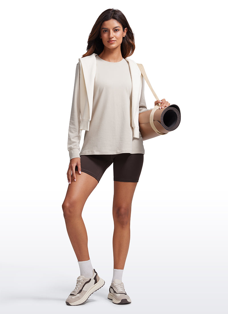 CRZ YOGA Women's Pima Cotton Long Sleeve Shirts Crew Neck Casual Tops White