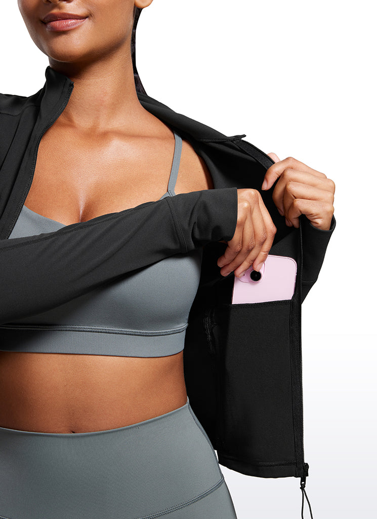 CRZ YOGA Women's Butterluxe Cropped Pocket Outerwear Full Zip Jackets Black
