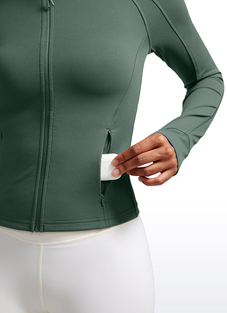 CRZ YOGA Women's Butterluxe Cropped Pocket Outerwear Full Zip Jackets Dark Forest Green