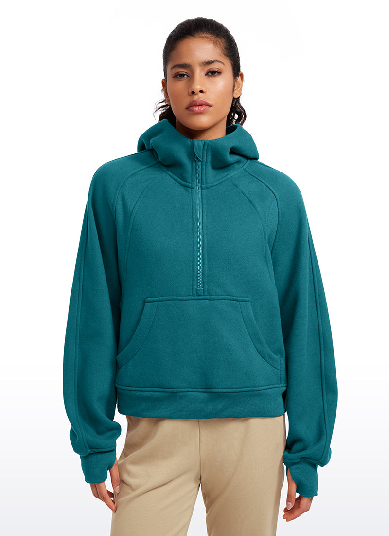 Fleece Lined Half Zip Hoodies with Thumb Holes