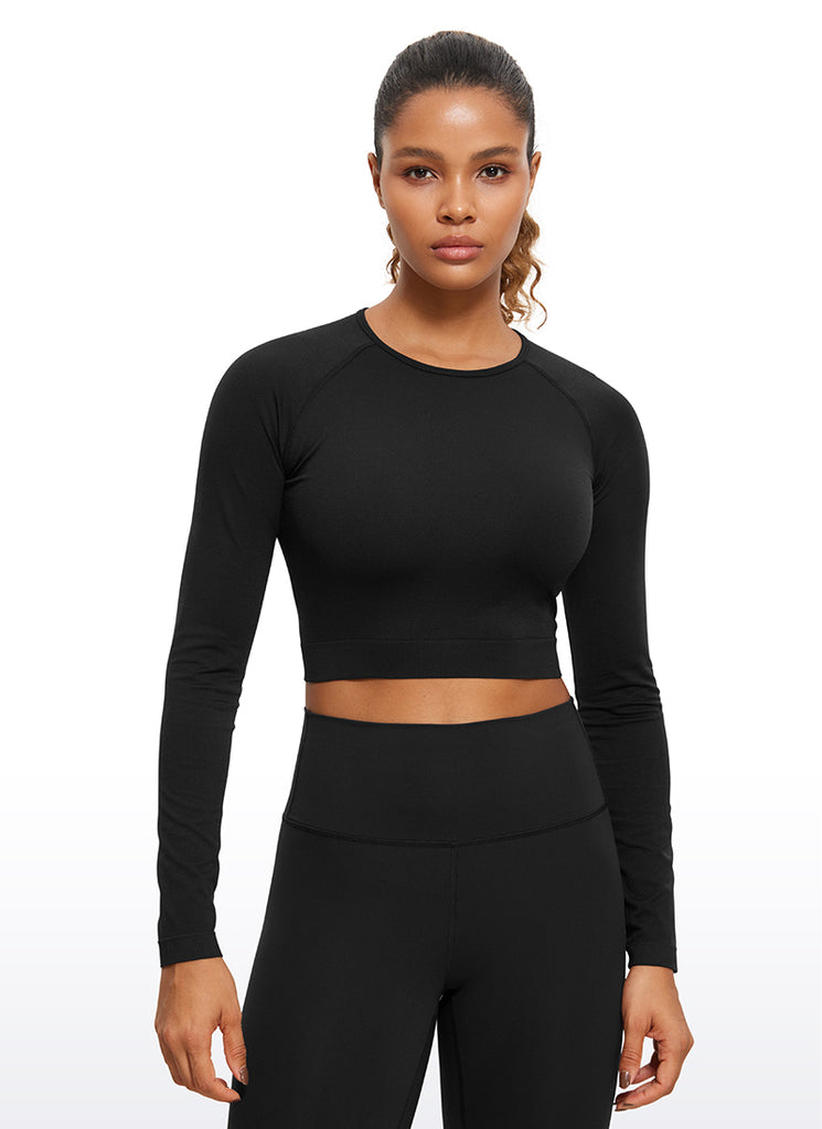 CRZ YOGA Women's Slim Fit Running Yoga Seamless Crop Long Sleeves Black