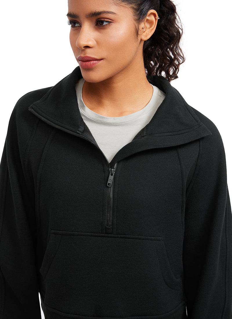 Fleece Lined Half Zip Hoodies Funnel Neck with Thumb Holes