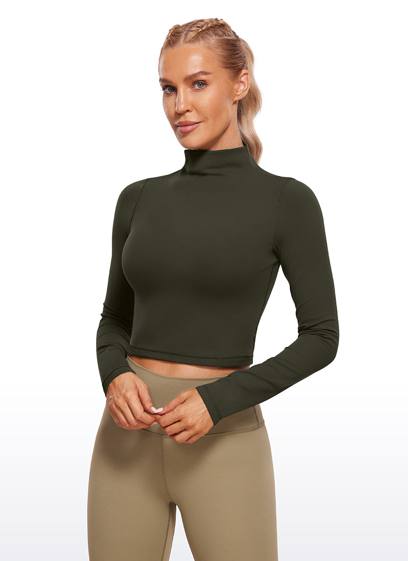 CRZ YOGA Women's Slim Fit Butterluxe Yoga Crop Long Sleeves Mock Turtleneck Olive Green