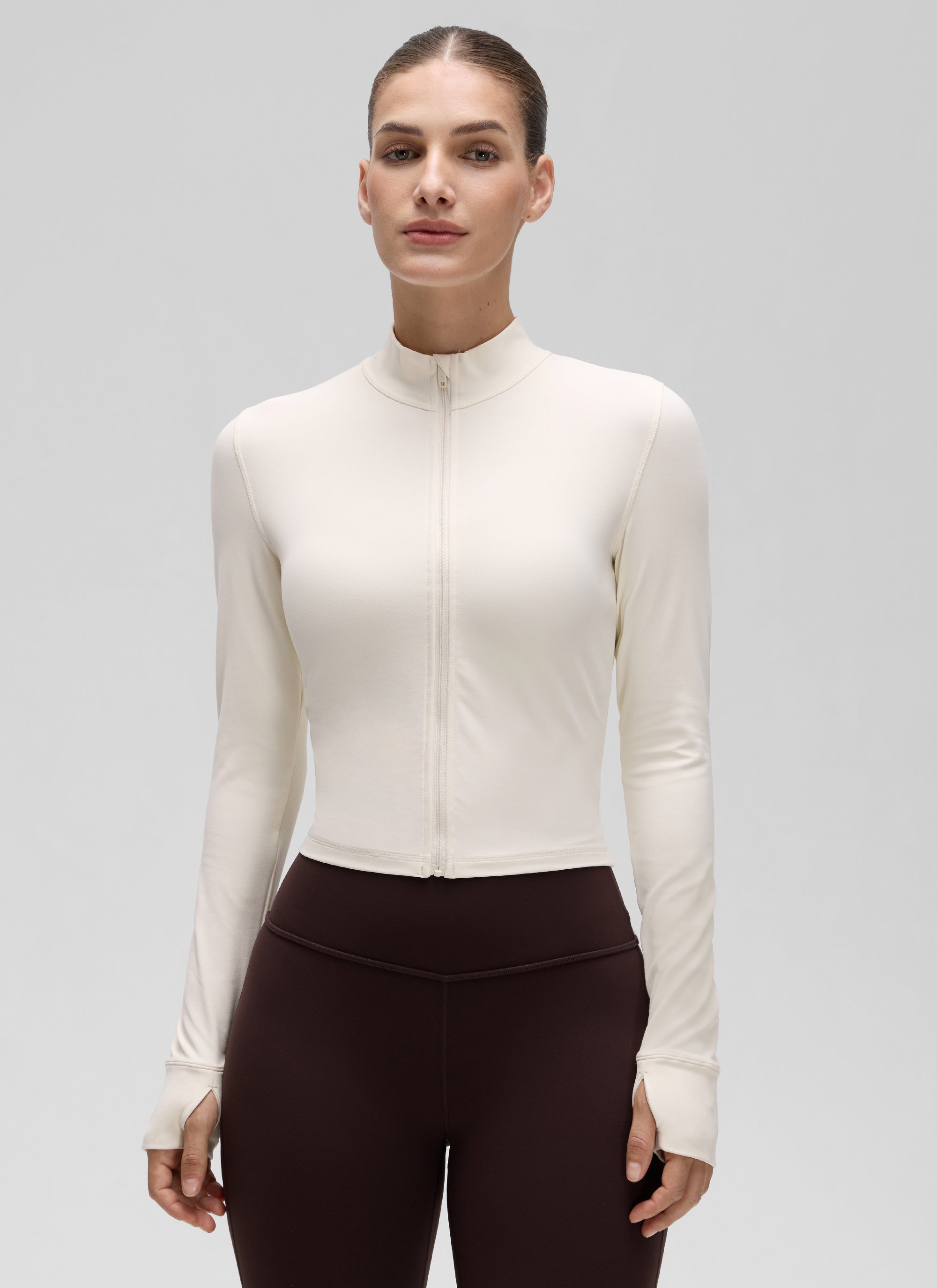 CRZ YOGA Women's Butterluxe Cropped Outerwear Full Zip Jackets White Apricot
