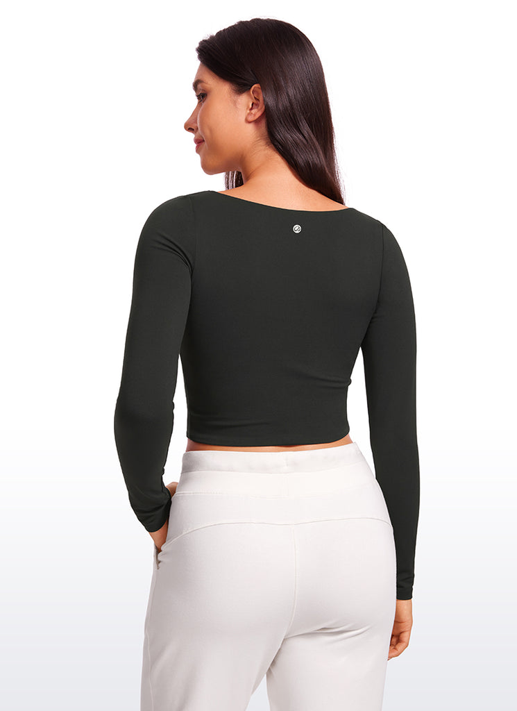 CRZ YOGA Women's Tight Fit Butterluxe Yoga Crop Long Sleeves Square Neck Deep Red