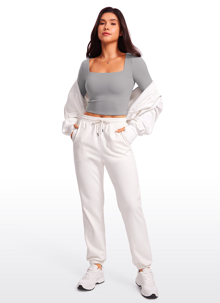 CRZ YOGA Women's Tight Fit Butterluxe Yoga Crop Long Sleeves Square Neck Granita Pink