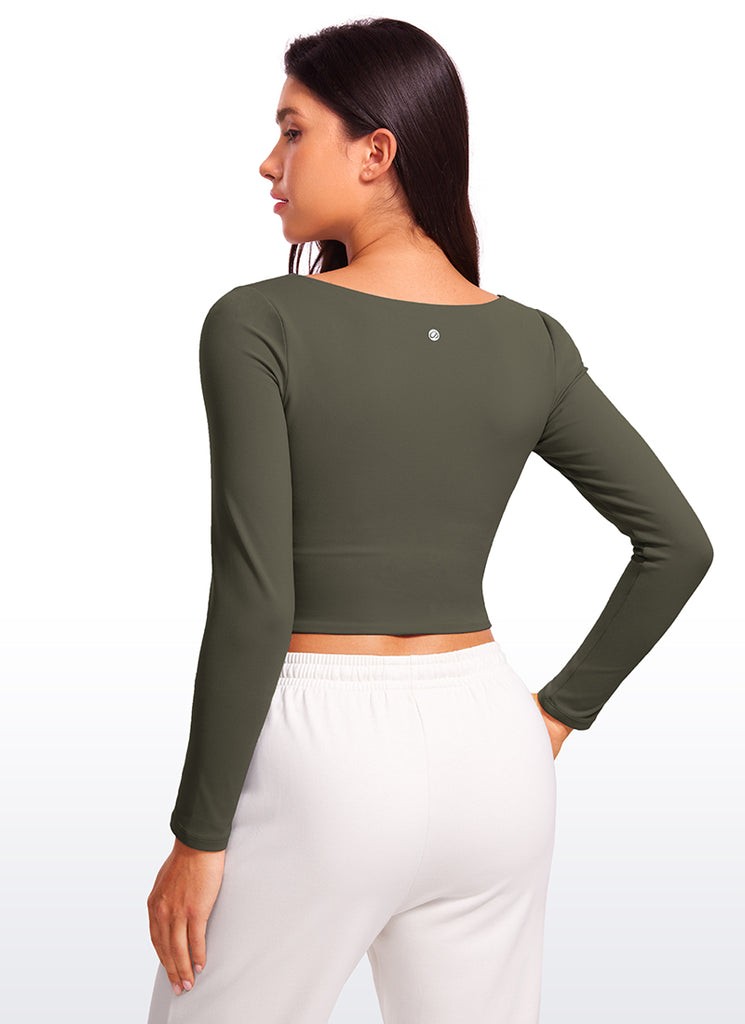 CRZ YOGA Women's Tight Fit Butterluxe Yoga Crop Long Sleeves Square Neck Gull Gray